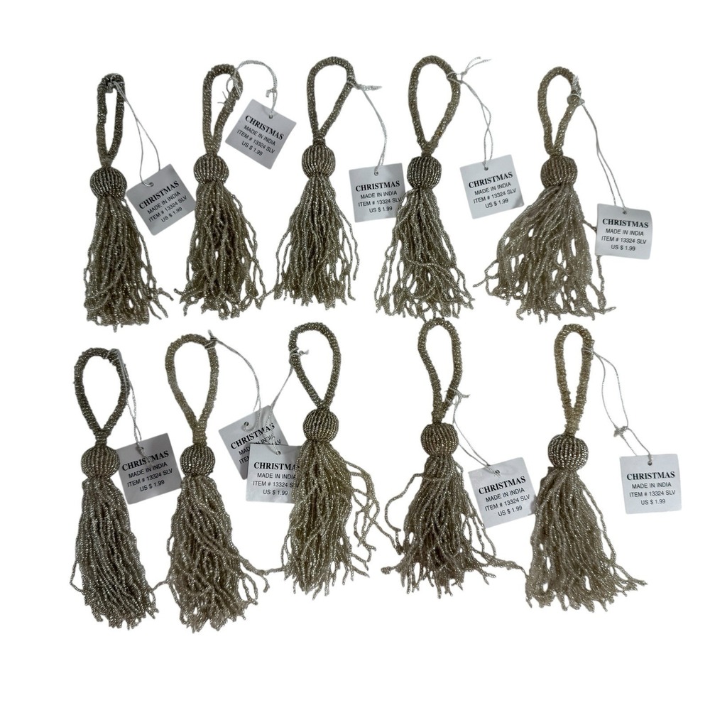 Glass Bead Napkin Rings Tassel Silver‎ Holiday Christmas Decor Lot Of 10 Wedding